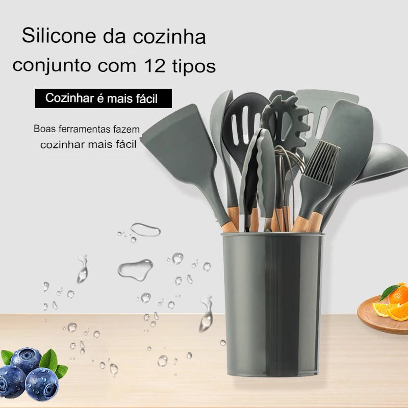 Conjunto de 12 peças Cabo de madeira Utensílios de cozinha de silicone