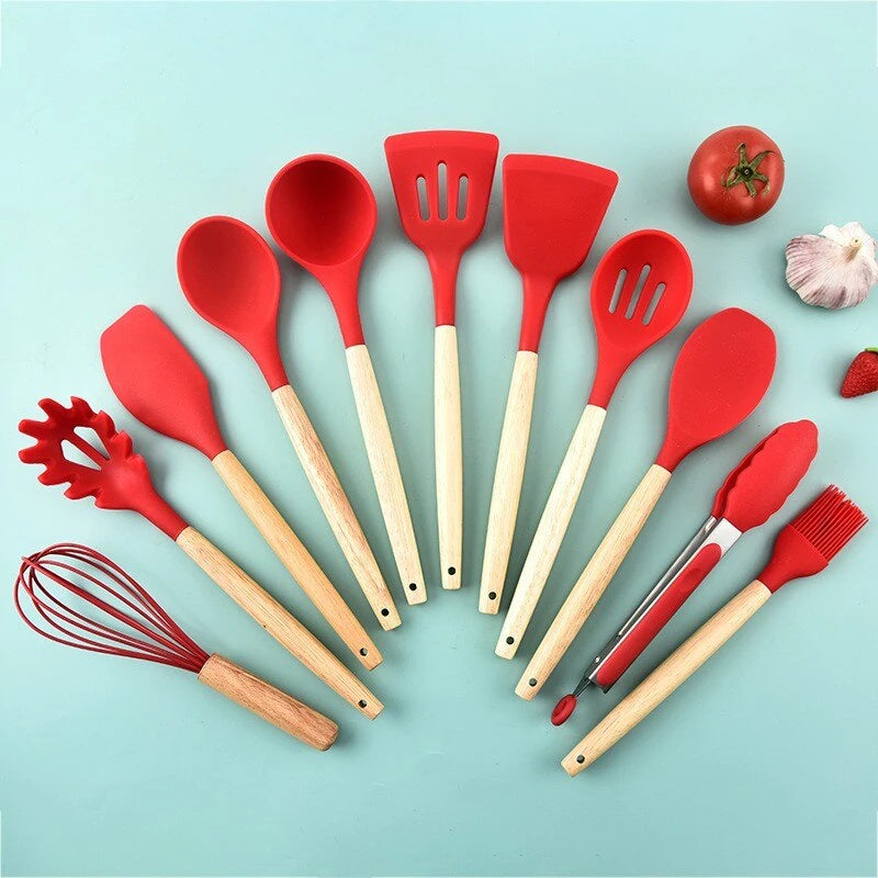 Conjunto de 12 peças Cabo de madeira Utensílios de cozinha de silicone