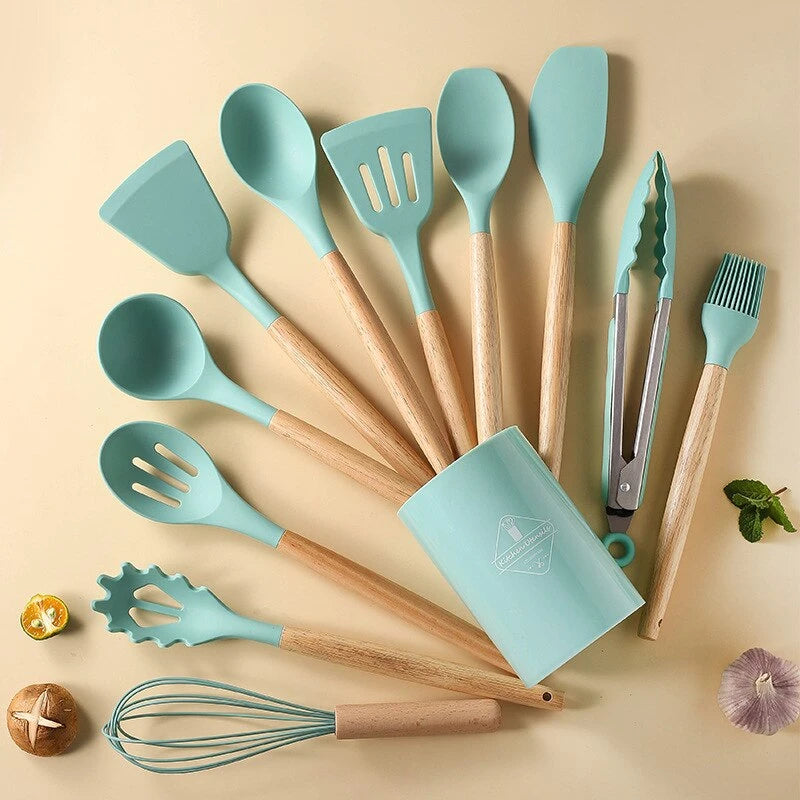 Conjunto de 12 peças Cabo de madeira Utensílios de cozinha de silicone